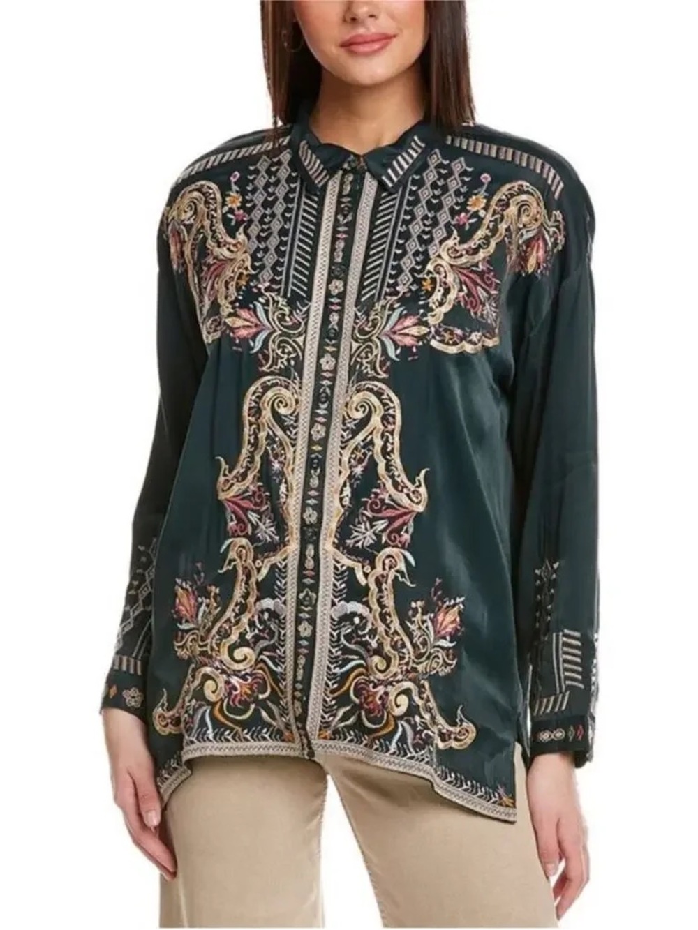 Johnny Was Biya Tandit Embroidered Dark Green Satin Long-Sleeve Button Blouse L